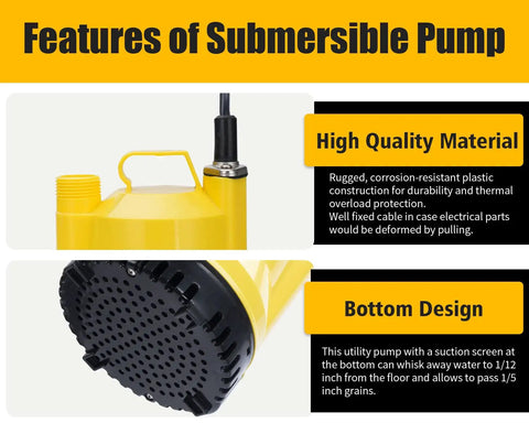 Features of the submersible pump in the Tankless Water Heater Flushing Kit DIY Ready With Submersible Sump Pump One Sixth Horsepower Includes Two Adapters Three Gallon Pail With Lid Opener And Two Half Inch By Six Foot PVC Hoses With Washers.