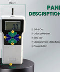 Pro Grade Digital Force Gauge With Backlit Display, Portable Push-Pull Meter For Peak Hold And Real-Time Measurements, A No-Fuss Thrust Meter For Insertion And Extraction Force Testing On The Go. front panel view, 140mm x 60mm