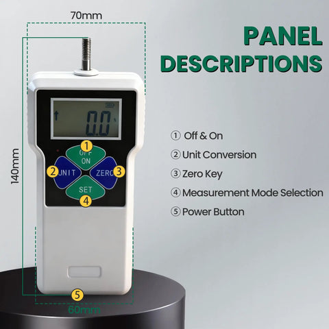 Pro Grade Digital Force Gauge With Backlit Display, Portable Push-Pull Meter For Peak Hold And Real-Time Measurements, A No-Fuss Thrust Meter For Insertion And Extraction Force Testing On The Go. front panel view, 140mm x 60mm