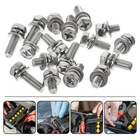 18 Piece M6 Stainless Steel Hex Head Battery Terminal Bolt And Nut Kit With Flat Washers For Motorcycle Battery Replacement