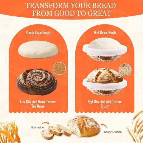 Comparison of poorly risen and well risen dough with bread texture differences, featuring Ultimate All In One Sourdough Baking Kit.