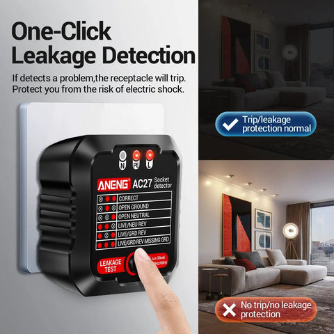 Pro Grade All In One Electrical Testing Kit with digital multimeter, non-contact voltage tester, installed in wall socket.