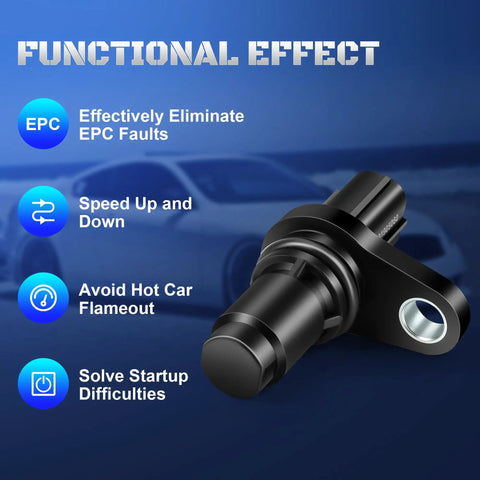 Toyota Camshaft Position Sensor Set of 2 9091905060 9008005060 for Toyota Camry Corolla RAV4 4Runner Highlander Sienna Prius Tacoma Tundra Avalon Sequoia Land Cruiser Lexus ES GS IS RX Scion tC xD black sensor on blue background