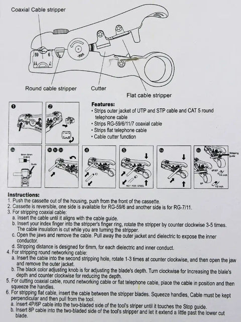Illustrated guide for Two Pack Universal Cable Wire Stripper Cutter Tool For Flat Or Round Cables UTP Cat5 Cat6 And Coaxial Coax Stripping Tool