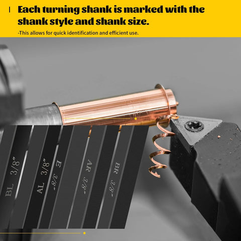 HAowosi metal lathe cutting tools kit with 5 sets of 3/8" carbide bits; copper workpiece in lathe.