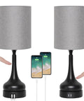 Touch Bedside Lamps Set Of 2 With Dual USB Ports, Nightstand Table Lamps For Bedroom And Living Room, Gray Fabric Shade And Black Vase Base