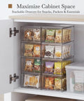 Eight Pack Clear Stackable Storage Drawers Hella Durable Water Resistant Desktop Organizer For Cosmetics And Craft Gear Helping You Keep Your Space Totally Snazzy filled with snacks in a cabinet.