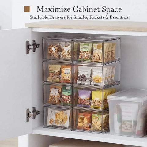 Eight Pack Clear Stackable Storage Drawers Hella Durable Water Resistant Desktop Organizer For Cosmetics And Craft Gear Helping You Keep Your Space Totally Snazzy filled with snacks in a cabinet.
