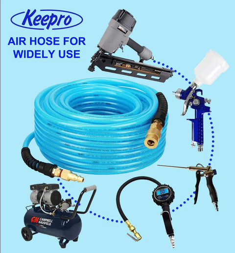 Reinforced Polyurethane Air Hose Pro Grade Heavy Duty One Quarter Inch Inner Diameter Fifty Feet Long For Air Compressors Flexible And Weather Resistant With Repairable Swivel Solid Brass One Quarter Inch Quick Coupler And Plug 300 PSI Blue