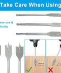 Heavy Duty Spade Drill Bits Set, 6 Pieces with Quick-Change Hex Shank and Titanium Coating, instruction image for vertical use.