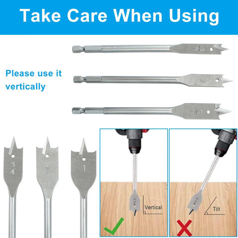 Heavy Duty Spade Drill Bits Set, 6 Pieces with Quick-Change Hex Shank and Titanium Coating, instruction image for vertical use.