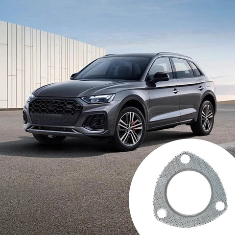 Automotive exhaust flange gasket, 2.5-inch, 3-bolt, high-temp graphite; shown beside a gray SUV.