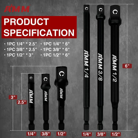Six Piece Impact Grade Socket Adapters Set For Power Drill To High Torque Impact Wrench, size specifications displayed