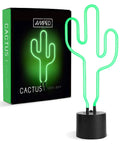 Green Neon Cactus Desk Light That Is Lit For Any Room 16.5" tall with 6.7" base displayed with packaging box
