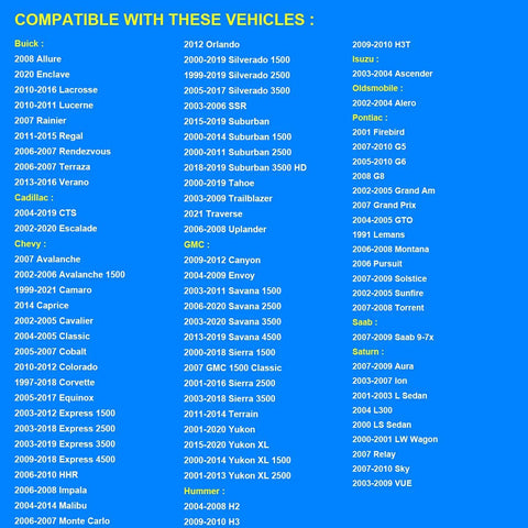 Blue coolant temperature sensor compatibility chart; lists Buick, Cadillac, Chevy, GMC models (e.g., Silverado).