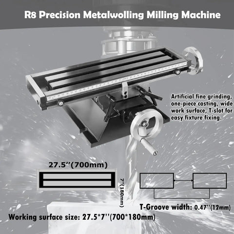 Built Like A Boss Benchtop Milling Machine With R8 Chucks, precision metal milling setup, work surface 27.5x7 inches.