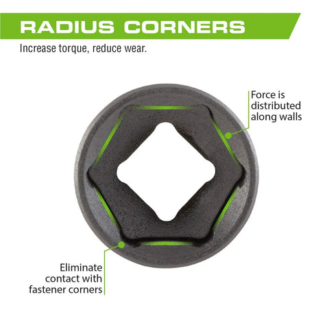 Top view of CR-V steel socket showing radius corners, part of 3 8 Inch Drive Shallow Impact Socket Set Metric Sizes 7mm To 19mm Cr V Steel 13 Piece Kit Built Tough For Heavy Duty Jobs With Rust Fighting Black Phosphate Finish And Lifetime Warranty.