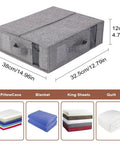 Heavy Duty Linen Bed Sheet Storage Organizer For Closet With Folded Blanket Pockets And Oversized Comforter Rack, gray fabric box with handles.
