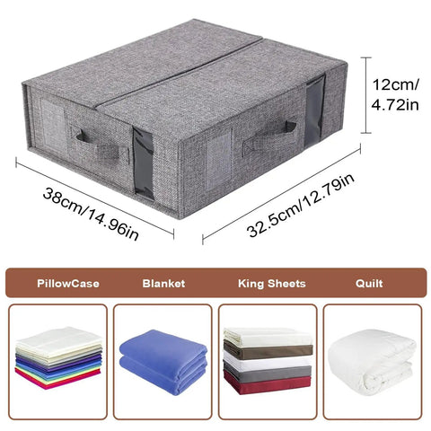 Heavy Duty Linen Bed Sheet Storage Organizer For Closet With Folded Blanket Pockets And Oversized Comforter Rack, gray fabric box with handles.