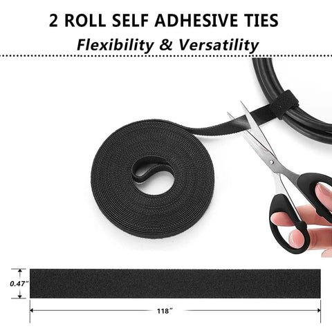 All In One Cable Management Kit For TV Office And Car With 4 Cord Sleeves 10 Pcs Wire Ties 36 Self Adhesive Cord Clips close-up of adhesive roll