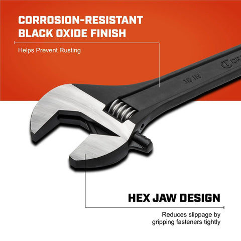 Heavy-Duty Adjustable Black Oxide Wrench With Tapered Handle And Hex Jaw Design For Slippage-Free Tightening, 18 Inch focus