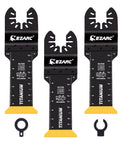 Titanium Oscillating Saw Blades Set For Metal Wood Nails Screws And Plastic Extra Long Two And Three Quarter Inch Reach Flush Cut Multitool Blades Three Pack Ideal For Tight Spaces And Long Reach Cuts showing three black and yellow blades