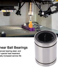 Front view of four cylindrical steel linear ball bearings for 3D printers and robotic arms.