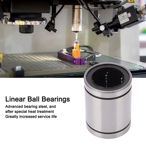 Front view of four cylindrical steel linear ball bearings for 3D printers and robotic arms.