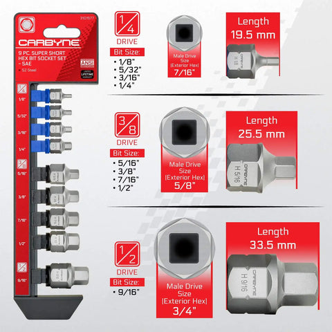 Stubby Low Profile SAE Hex Bit Socket Set 9 Piece In One Eighth To Nine Sixteenths Inch S2 Steel With Ultra Short Allen Sockets Dual Drive