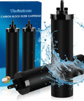BB9-2 Water Filter Replacement For Berkey Gravity Purification Systems, Easy Install No Fuss Compatible With Purifier Traveler, King, Big Series And Doulton Super Sterasyl, Black 2 Pack displayed with water splash and packaging.