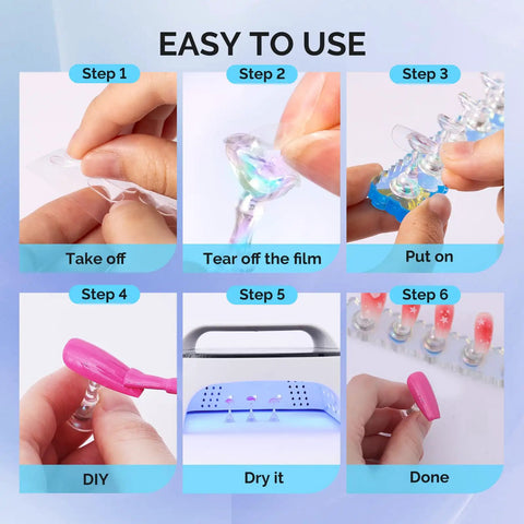 Steps for using Two Sets Blue Acrylic Nail Stand With Magnetic Display Base For Press Ons and 30 Pink Putty or 100 Tape