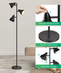 Three Adjustable Rotating Heads Go-To Tree Floor Lamp in Black with rotatable heads and sturdy metal base, displayed in a living room.