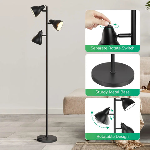 Three Adjustable Rotating Heads Go-To Tree Floor Lamp in Black with rotatable heads and sturdy metal base, displayed in a living room.