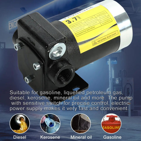 Portable 110V Fuel Transfer Pump With Forward And Reverse Pumping Self Priming 2.3 To 3.7 GPM on display with fuel types
