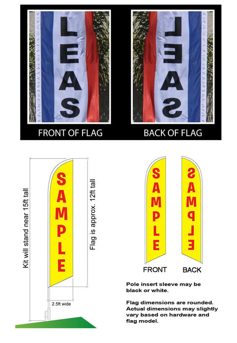 Diagram showing Marina Blue Feather Swooper Banner Advertising Kit with 12Ft flag and 15Ft telescoping flagpole for outdoor use.