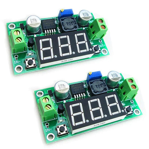 Two LM2596 Adjustable DC-DC Buck Converter Modules with LED Voltmeter Display, dual pack, green circuit board design
