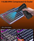 Cordless Turbo Air Duster With 110,000 RPM Brushless Motor cleaning a keyboard, showing before and after results with RGB lighting.