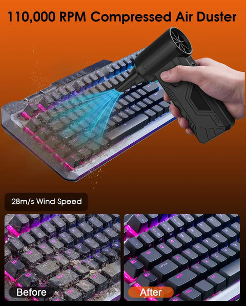 Cordless Turbo Air Duster With 110,000 RPM Brushless Motor cleaning a keyboard, showing before and after results with RGB lighting.