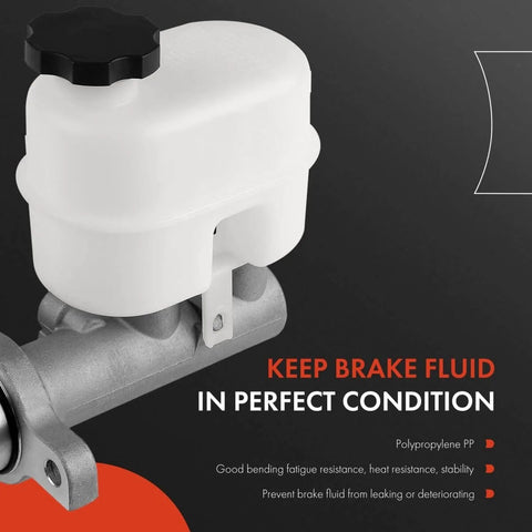 Brake Master Cylinder With Reservoir And Sensor For Chevy GMC Cadillac Trucks And SUVs Fits Silverado 1500 Sierra Tahoe Yukon Suburban And Escalade 2009 2014 Perfect Replacement, side view showing aluminum body and white reservoir