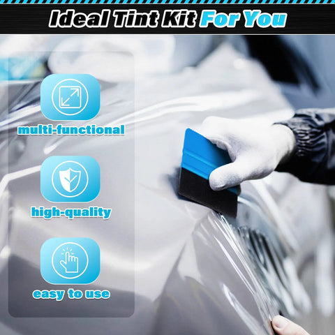 Blue squeegee from 18 Piece Window Tint Kit And Vinyl Wrap Tool Set with squeegees in use on car wrap application.