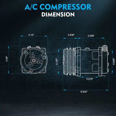 Heavy Duty Universal AC Compressor With Clutch Included For Quick Car Cooling Fixes Built Tough With Cast Aluminum Housing And Pregfilled PAG Oil Super Smooth Plug And Play Swap dimensions illustrated with measurements.
