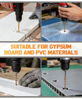 50-Piece One Eighth Inch Spiral Drywall Router Bit Set High Speed Steel For Precise Cuts shown in use on gypsum and PVC.