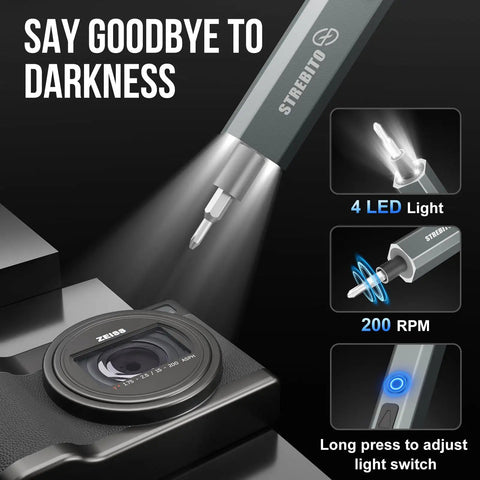 Upgraded Electric Screwdriver Kit With 144 Magnetic Bits showcasing LED light feature, illuminating a camera lens.