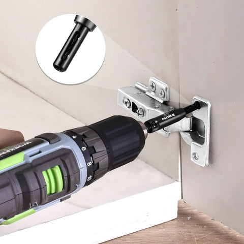 WORKPRO 3-Piece self-centering HSS drill bit set with 1/4 in hex shank, shown in use for cabinet and door installation
