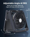11.5 Inch Portable Solar Powered Fan With Battery Backup For Camping Outdoor Travel Includes Solar Charger Timer And Lantern Perfect For Sleeping In Tents Cars Beaches Or During Hurricanes Keeps You Cool Anywhere showing adjustable angle at 60 degrees.
