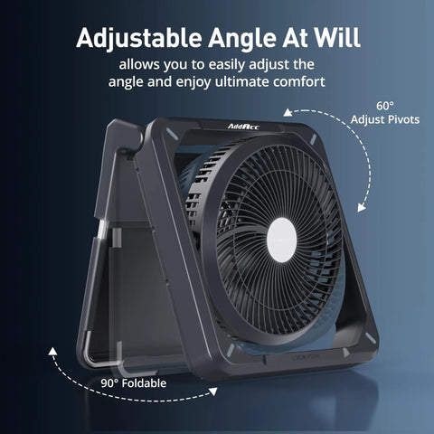 11.5 Inch Portable Solar Powered Fan With Battery Backup For Camping Outdoor Travel Includes Solar Charger Timer And Lantern Perfect For Sleeping In Tents Cars Beaches Or During Hurricanes Keeps You Cool Anywhere showing adjustable angle at 60 degrees.