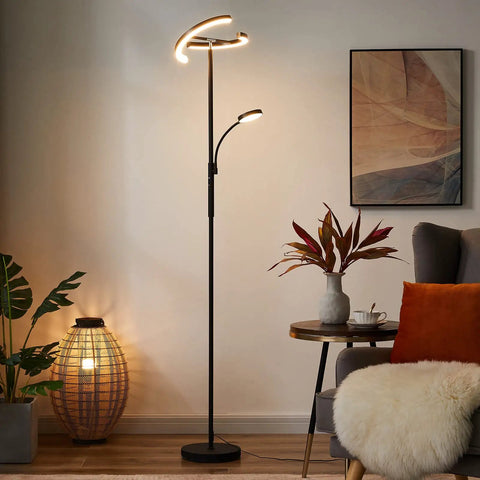 Lit LED Floor Lamp with Rotatable Main Light and Flexible Reading Light in a modern living room setting.