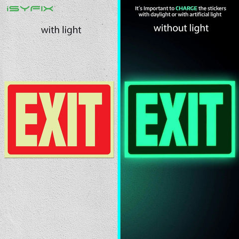 Exit Glow In The Dark Sign Stickers Red 2 Pack 10x7 Inch Photoluminescent Vinyl Laminated illuminated and non-illuminated