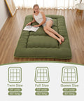 Woman relaxing on a green Japanese Floor Mattress Twin Roll Up Futon With Portable Storage Bag And Washable Cover Thick Tatami Mat.