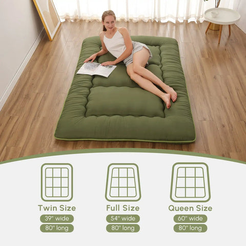 Woman relaxing on a green Japanese Floor Mattress Twin Roll Up Futon With Portable Storage Bag And Washable Cover Thick Tatami Mat.